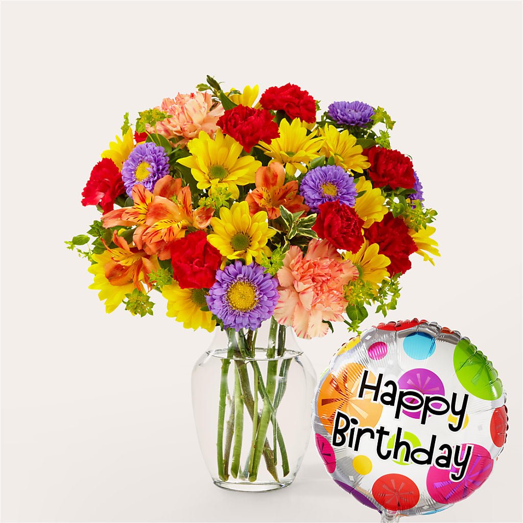 Kaleidoscope Bouquet with Birthday Balloon – SB FLORAL & DESIGN, Erie IL