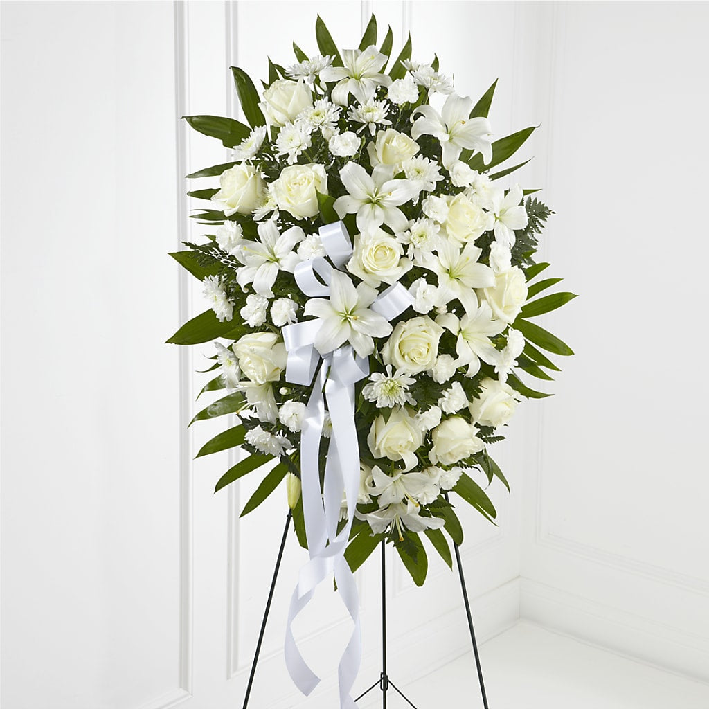 Exquisite Tribute Standing Spray-White Ribbon – SB FLORAL & DESIGN, Erie IL