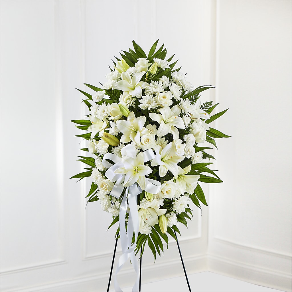 Exquisite Tribute Standing Spray-White Ribbon – SB FLORAL & DESIGN, Erie IL